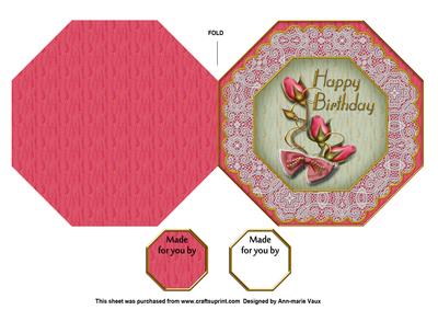 Pink Green Roses Birthday Octagon Lace Picture Fold Card