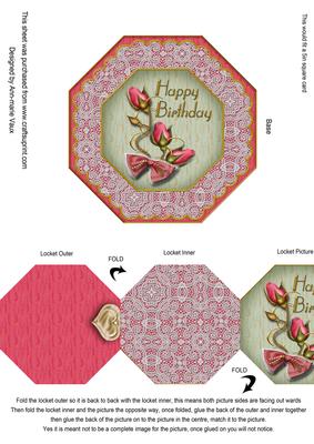 Pink Green Roses Birthday Octagon Lace Locket Card Front