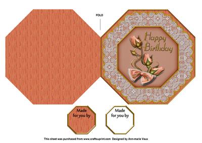 Peach Roses Birthday Octagon Lace Picture Fold Card