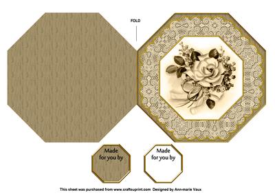 Vintage Cream Roses Octagon Lace Picture Fold Card