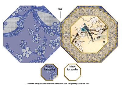 Oriental Blue Bird Octagon Lace Picture Fold Card