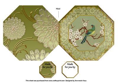 Oriental Green Bird Octagon Lace Picture Fold Card