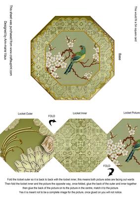 Oriental Green Bird Lace Octagon Locket Card Front