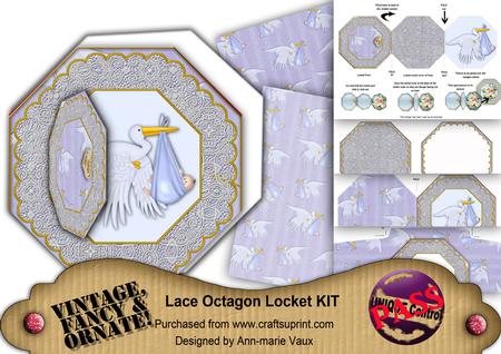 New Baby Boy Stork Octagon Lace 3D Locket Kit