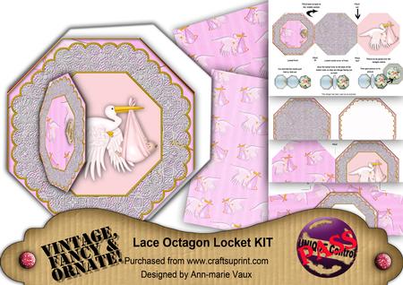 New Baby Girl Stork Octagon Lace 3D Locket Kit