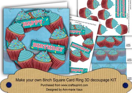 Turquoise Birthday Cupcake 8in Decoupage 3D Ring Card Kit