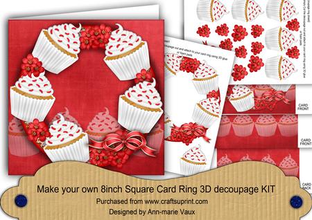Red and White Cupcakes 8in Decoupage 3D Ring Card Kit