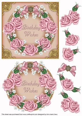 Pink Roses Birthday Wishes Decoupage 3D Ring Sheet
