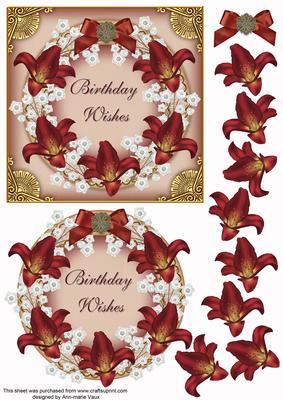 Dark Red Lillies and Coffee Birthday Decoupage 3D Ring Sheet