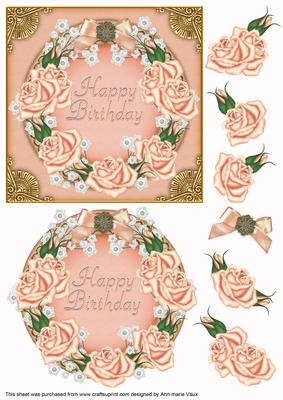 Peach Roses Birthday Decoupage 3D Ring Sheet