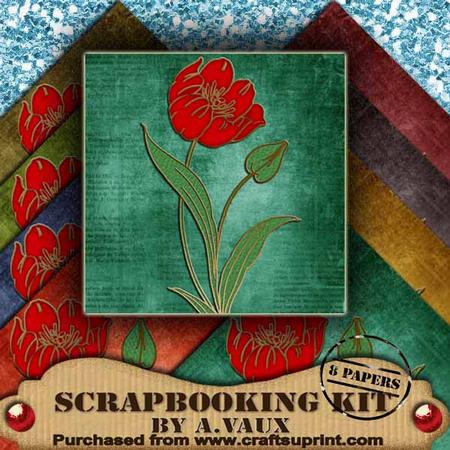 Giant Red Tulip Dark Tea 8 Scrapbooking Papers Kit