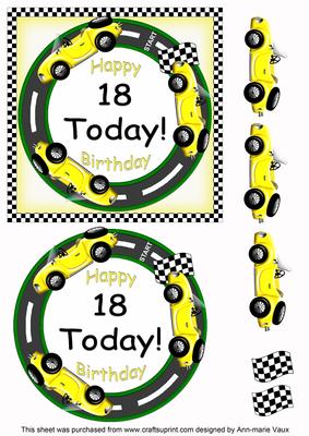 Yellow Racing Car 18 Today Decoupage 3D Ring Sheet