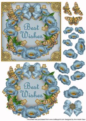 Teal Poppy Butterfly Best Wishes 3D Ring Decoupage Sheet