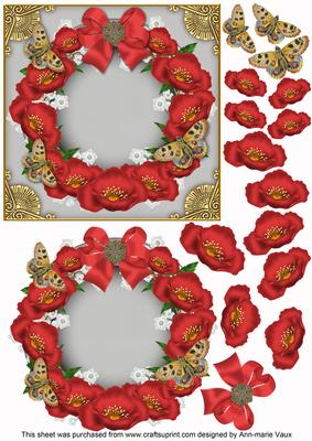 Red Poppies and Butterflies Plain 3D Ring Decoupage Sheet