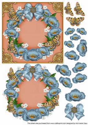 Teal Poppy Peach Butterfly Decoupage 3D Ring Sheet