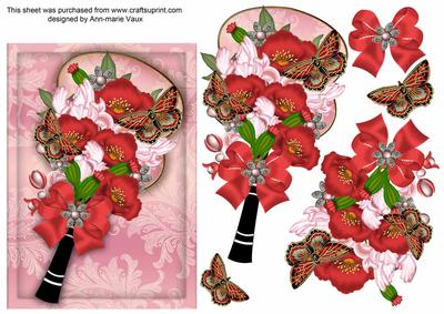 Red Poppy Pink Iris Butterfly Fan Decoupage Sheet
