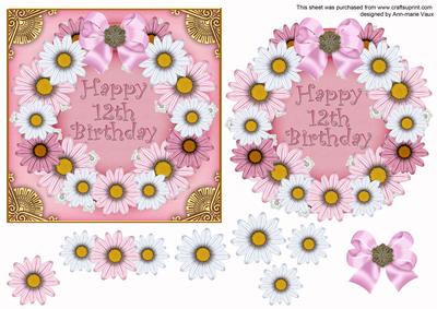 Pink Day Happy 12th Birthday Decoupage Ring Sheet