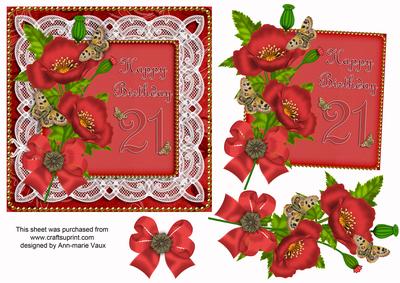 Red Poppy 21 Birthday Lace Decoupage Sheet