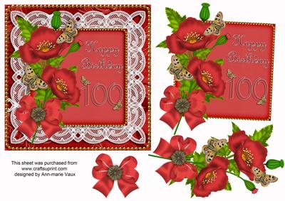 Red Poppy 100 Birthday Lace Decoupage Sheet