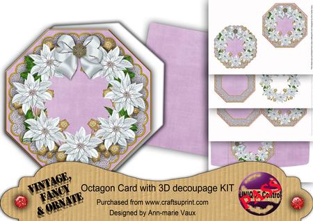 White Poinsettia Lilac Octagon Decoupage Card Kit