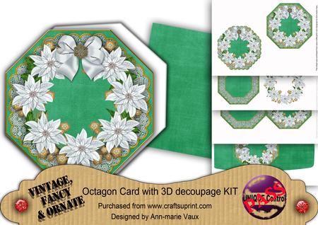 White Poinsettia Green Octagon Decoupage Card Kit