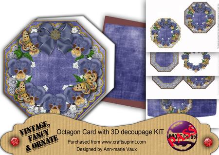 Dark Blue Pansies Lace Octagon Decoupage Card Kit