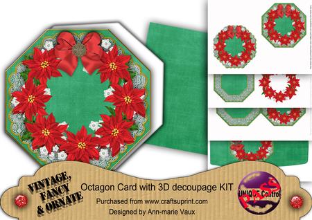 Red Poinsettia Green Lace Octagon Decoupage Card Kit