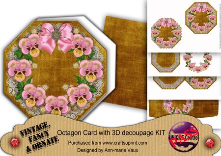 Pink Pansy Gold Lace Octagon Decoupage Card Kit