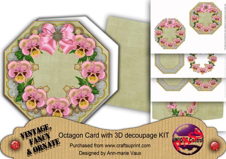 Pink Pansy Olive Lace Octagon Decoupage Card Kit