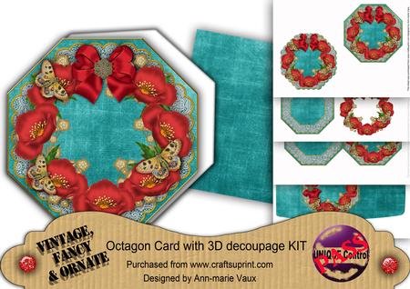 Red Poppy Teal Lace Octagon Decoupage Card Kit
