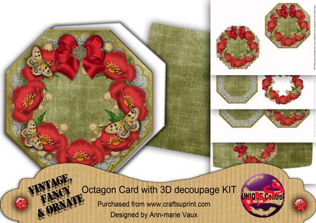 Red Poppy Olive Lace Octagon Decoupage Card Kit