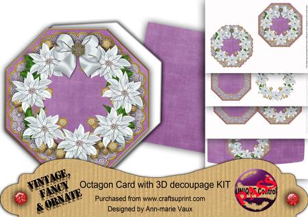 White Poinsettia Purple Lace Octagon Decoupage Card Kit