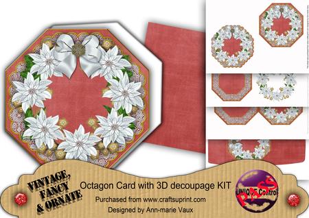 White Poinsettia Red Lace Octagon Decoupage Card Kit