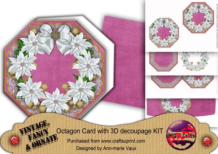 White Poinsettia Cerise Lace Octagon Decoupage Card Kit