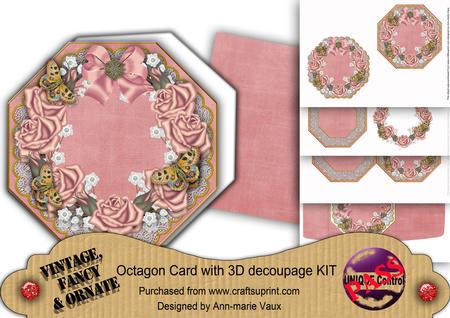 Pink Roses Lace Octagon Decoupage Card Kit