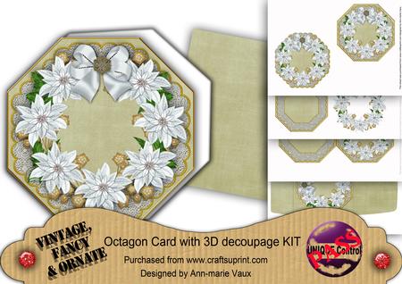 White Poinsettias Olive Lace Octagon Decoupage Card Kit