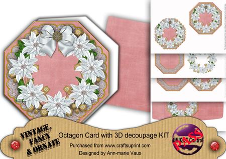 White Poinsettias Pink Lace Octagon Decoupage Card Kit
