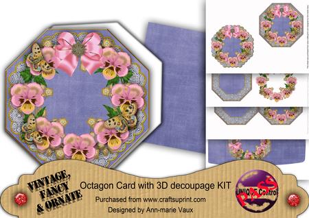 Pink Pansy Blue Lace Octagon Decoupage Card Kit