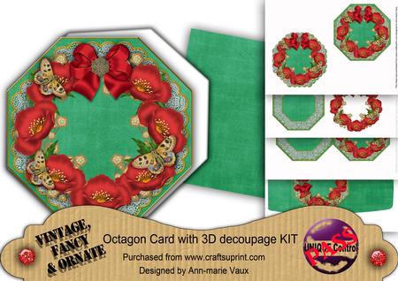 Red Poppy Green Lace Octagon Decoupage Card Kit