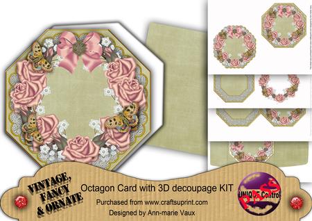 Pink Roses Olive Lace Octagon Decoupage Card Kit