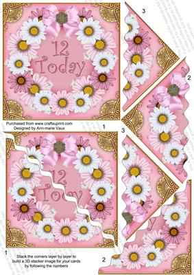 Pink Daisy 12 Today 5in Scallop Triangle Corner Stacker