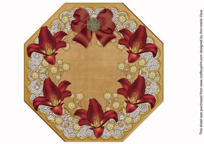 Deep Red Lily Coffee Lace Octagon 8inch Picture Sheet
