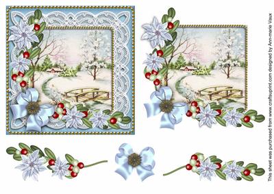 Ice Blue Snowscene1 Poinsettia Decoupage Step by Step Sheet