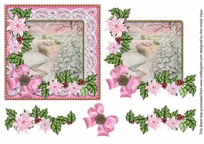 Pink Poinsettia Snowscene 2 Decoupage Step by Step Sheet