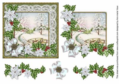 White Poinsettia Snowscene 2 Decoupage Step by Step Sheet