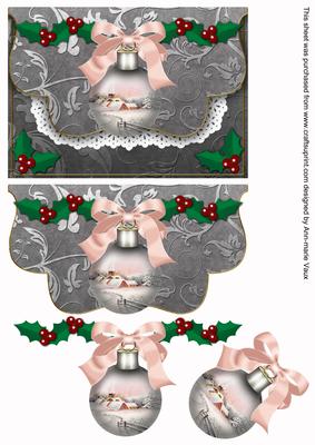 Pink Snow Village Bauble Flap Decoupage Step by Step Sheet