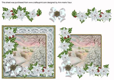 Snow Scene White Poinsettia Step by Step Decoupage Sheet
