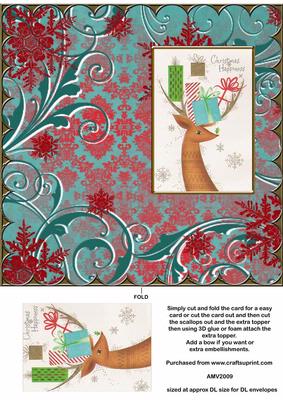 Christmas Reindeer with Presents Scallop Edge Dl Card
