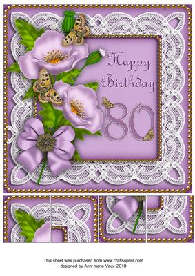 Lilac Poppy Butterfly 80th Birthday 8in Picture Topper