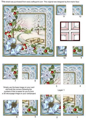 Pretty Snow Scene Blue Poinsettias 5in Quad Corner Stacker
